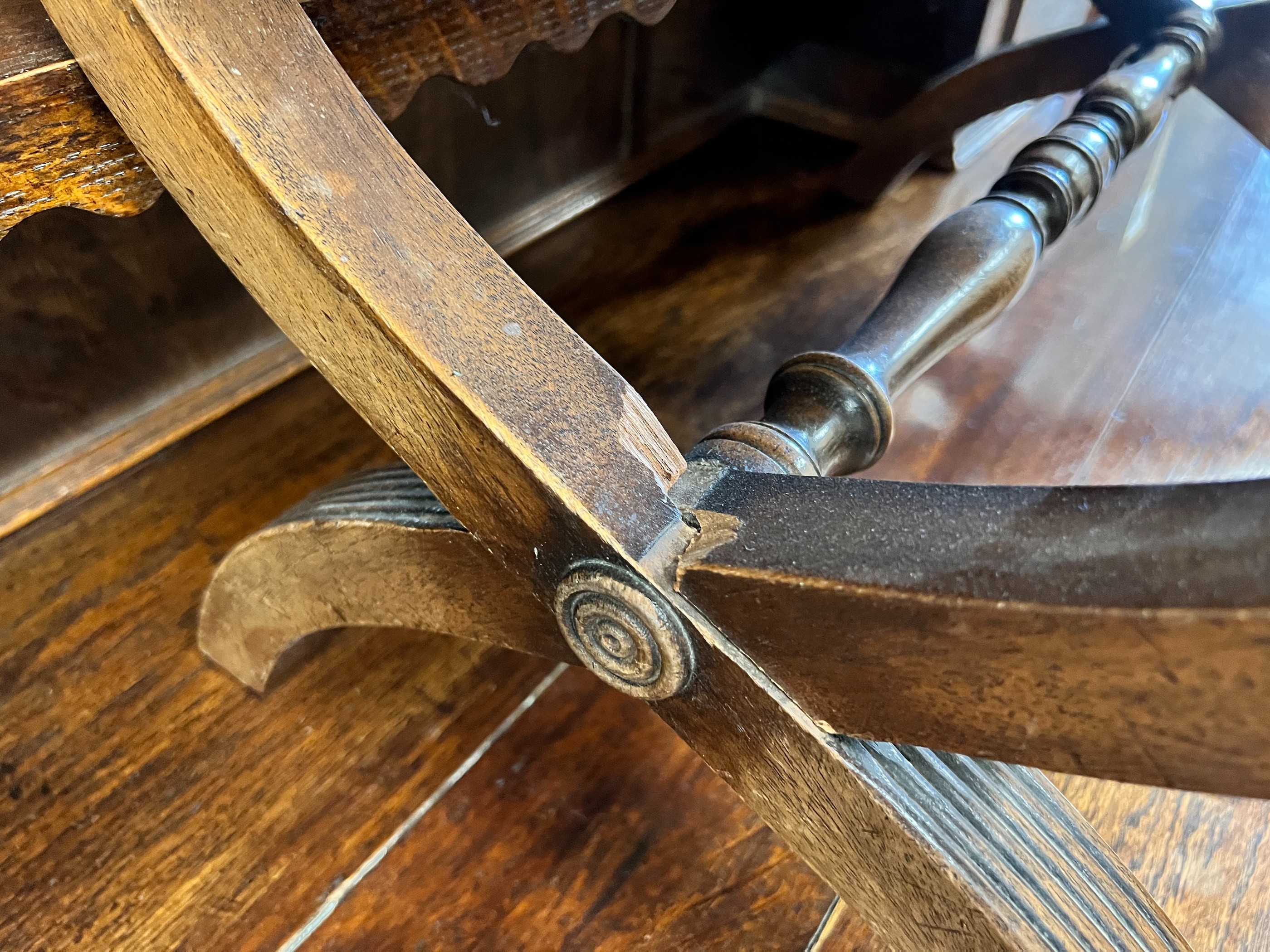 A Regency style mahogany X framed stool, upholstered with a fragment of 17th century Aubusson tapestry, height 40cm